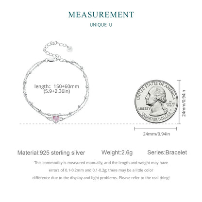 925 Silver Double Layer Pink Heart Bracelet