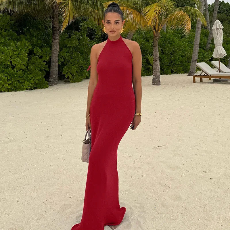 CLO012DJ
 Elegant Halter Neck Backless Ruched Long Dress Women's Summer Sleeveless Bandage Bodycon Party Club Dresses Prom Evening Gowns - Klixstore