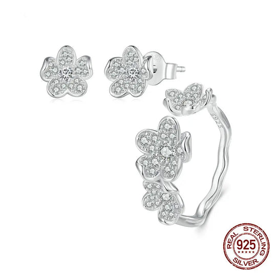JEW008AX  925 Sterling Silver Exquisite Flower Series Flower to Flower Ring & Earrings Jewelry for Women - Klixstore