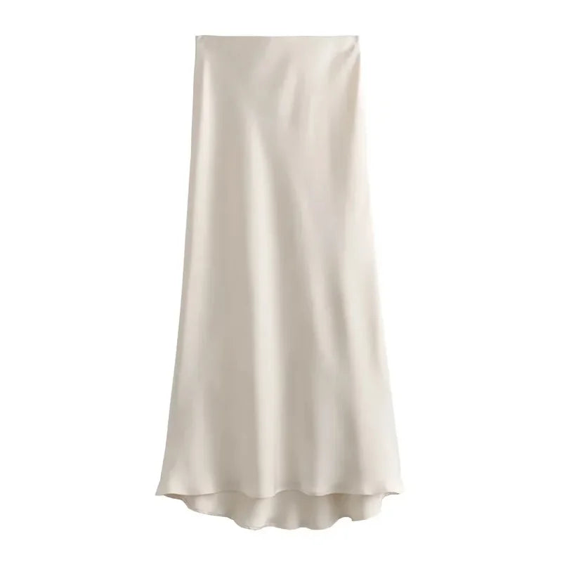 Elegant High Waist Satin Midi Skirt for Women