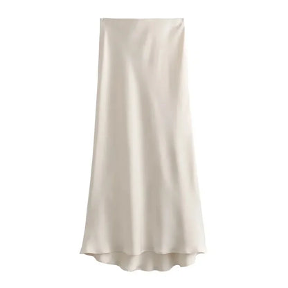 Elegant High Waist Satin Midi Skirt for Women