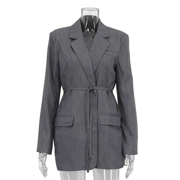 CLO002TP 
Woman Clothing Fashion Lace-up Blazer Female Long Sleeve Bandage Suit Solid Gray Outerwears Office - Klixstore