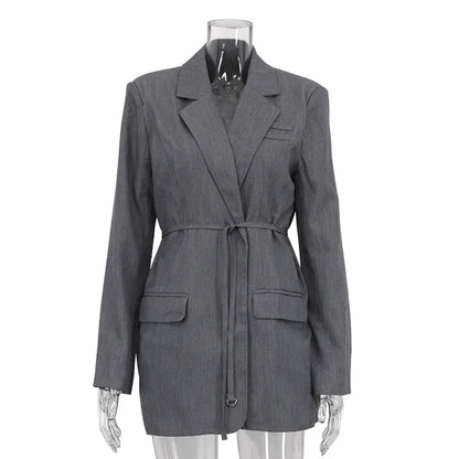 CLO002TP 
Woman Clothing Fashion Lace-up Blazer Female Long Sleeve Bandage Suit Solid Gray Outerwears Office - Klixstore