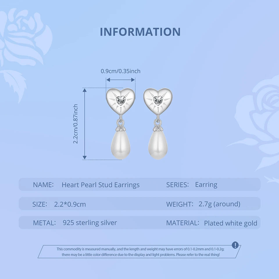 JEW015ER    New 925 Sterling Silver Heart Pearl Stud Earrings for Women - Klixstore