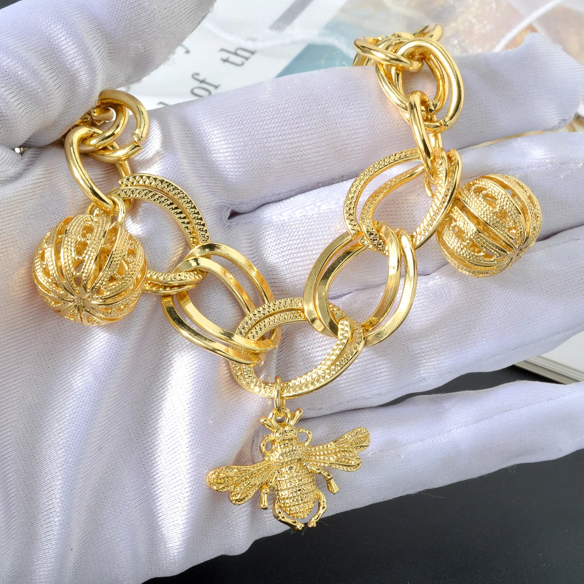 Gold Bee Pumpkin Charm Bracelet