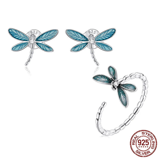 JEW001AX   Vintage 925 Sterling Silver Dainty Dragonfly Stud Earrings & Dragonfly Open Size Ring for Women - Klixstore