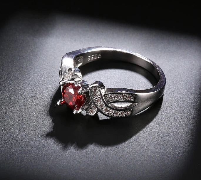 Red Stone 925 Sterling Silver Crystal Engagement Ring for Women