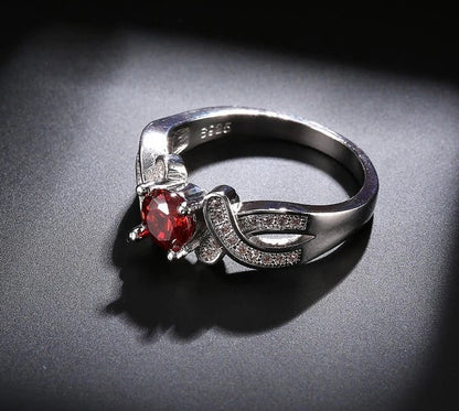 Red Stone 925 Sterling Silver Crystal Engagement Ring for Women