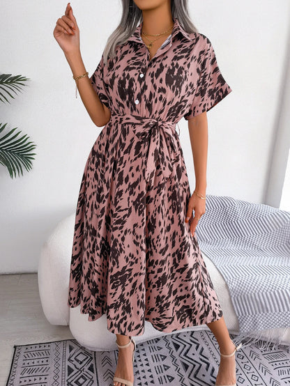Leopard Print Batwing Shirt Dress | Button Slim Waist Mid-Calf | Summer