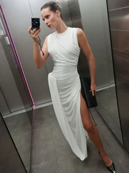 CLO028DJ
Woman Clothing O-neck Sleeveless Tunics High Slit Long Dress Streetwear Y2K Female High Waist Ruched Solid Holiday Party Dresses - Klixstore