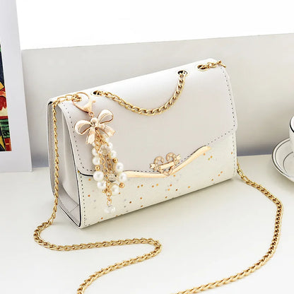 Korean Bow Sequin Shoulder Bag with Chain & Pendant