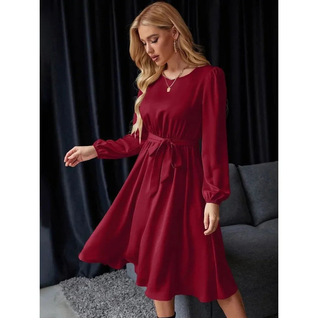 Lantern Sleeve Keyhole Back Lace-Up Dress