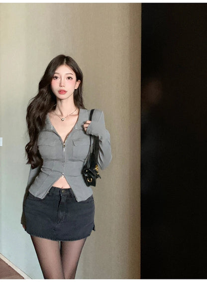 Knitted Long Sleeve Short Tops