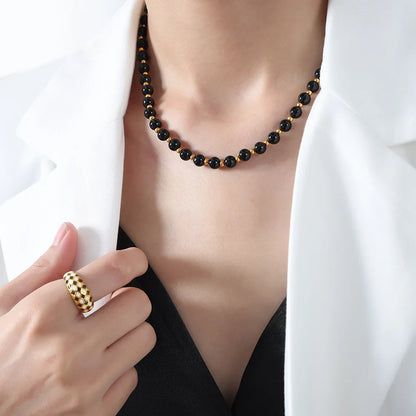 Vintage Black Agate Beaded Necklace for Women