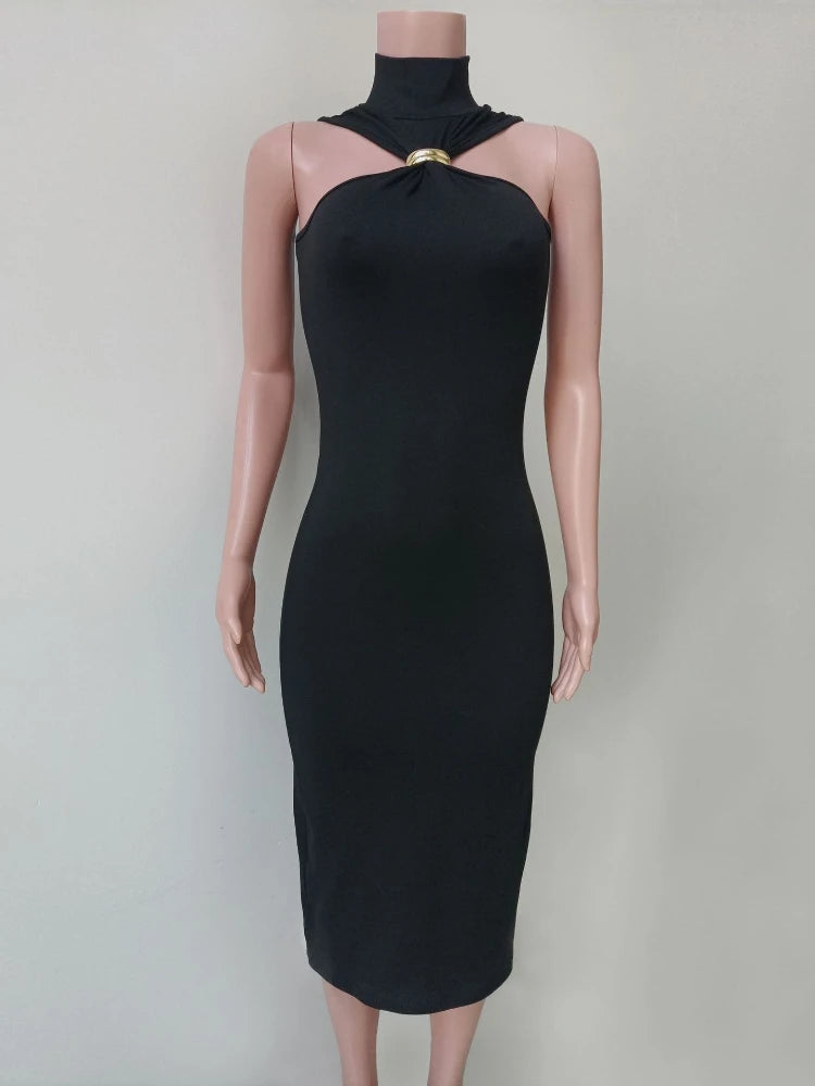 CLO037DJ
 Summer Sexy Turtleneck Sleeveless Black Party Dress Women Off Shoulder Sleeveless Bodycon Split Mid-calf Partu Prom Dresses - Klixstore