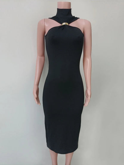 CLO037DJ
 Summer Sexy Turtleneck Sleeveless Black Party Dress Women Off Shoulder Sleeveless Bodycon Split Mid-calf Partu Prom Dresses - Klixstore