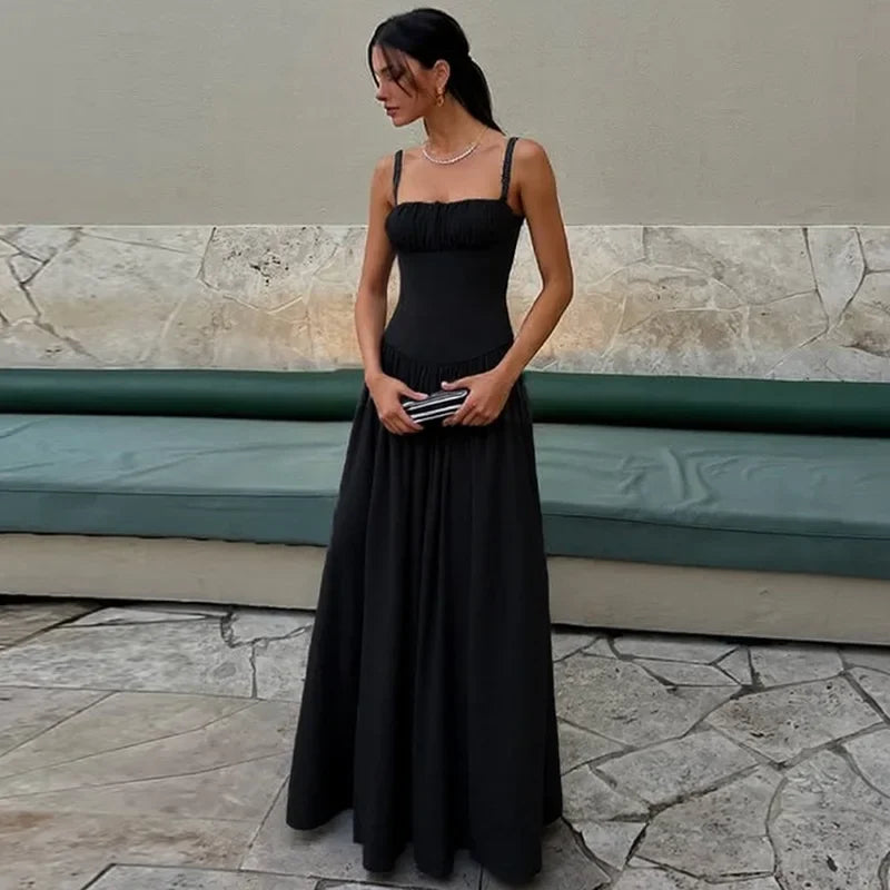 CLO010DJ
 Women's Sleeveless High Waist Corset Dress  Outfit Female Spaghetti Strap Slash Neck Tunics A-line Long Dresses - Klixstore