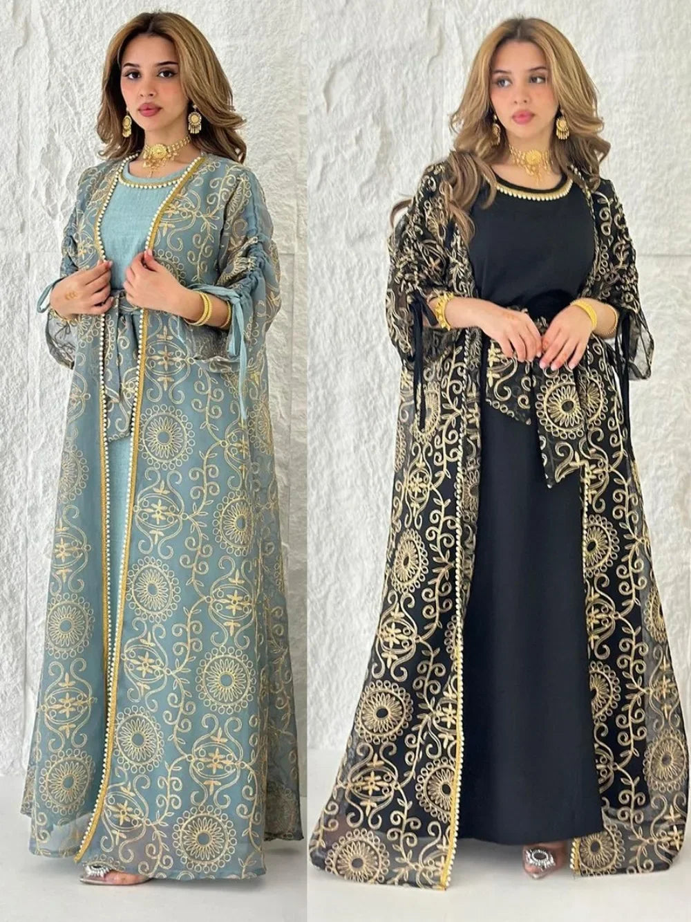 Embroidered Muslim Abaya 2-Piece Set | Kaftan Cardigan & Lace-Up Dress
