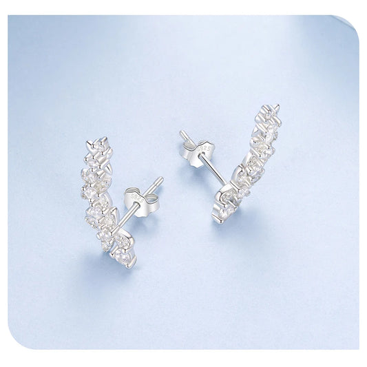 JEW030ER
 925 Sterling Silver Clover Crawler Stud Earrings Sparkling Zircons Branch-shaped Ear Cuffs - Klixstore