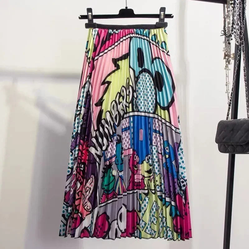 Women's Cartoon Print Pleated A-Line Skirt