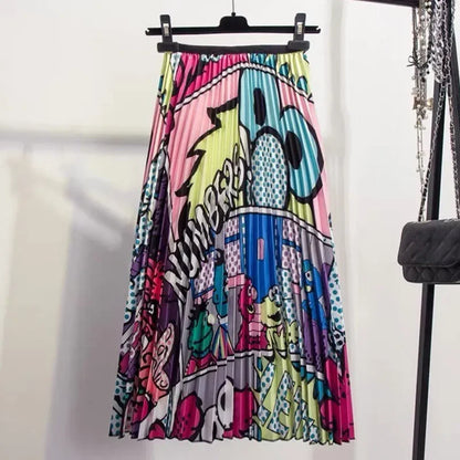 Women's Cartoon Print Pleated A-Line Skirt