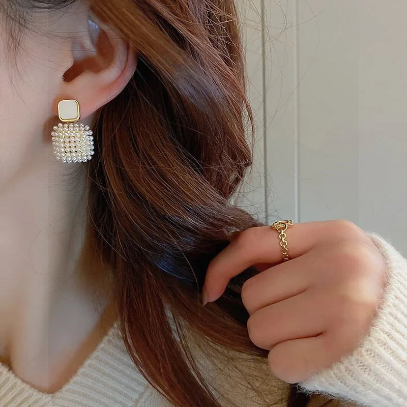 Geometric Square Pearl Earrings