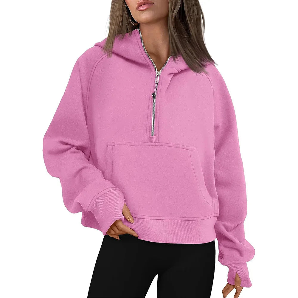 Cropped Half Zip Fleece Hoodie for Women