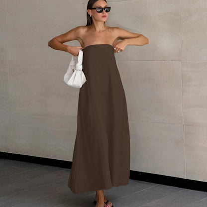 French Khaki Cotton Linen Strapless High Waist Holiday Dress
