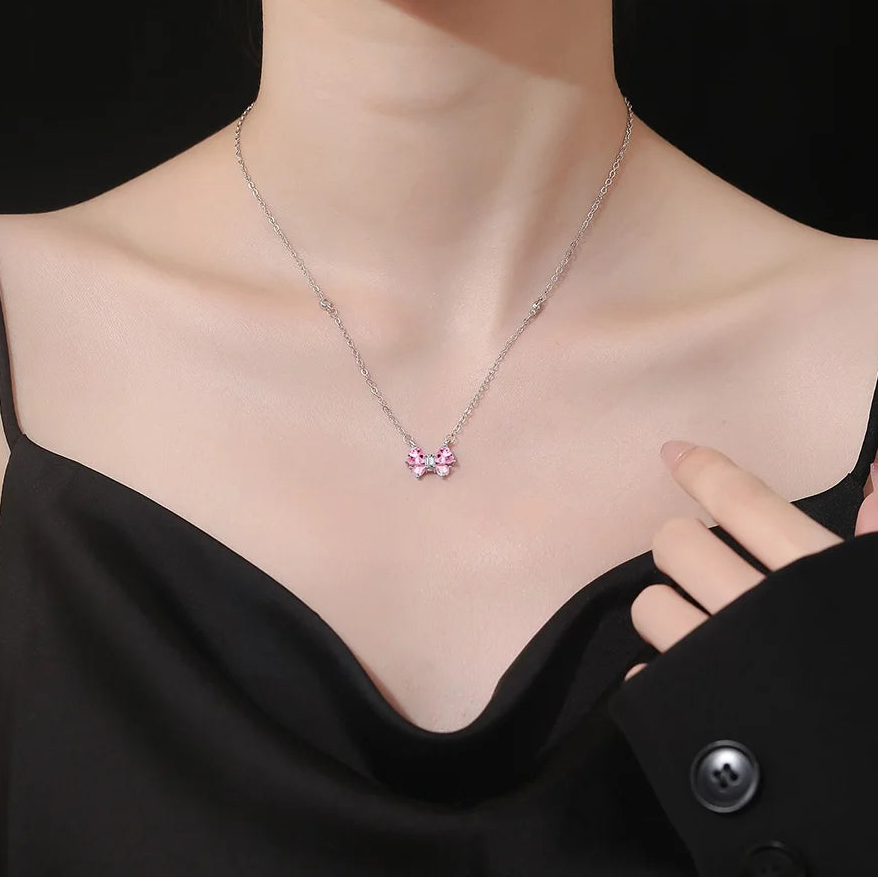 Butterfly Pendant 925 Sterling Silver Necklace with Pink Cubic Zirconia Stones