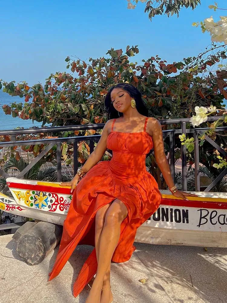 Spaghetti Strap Orange Side Split Dress