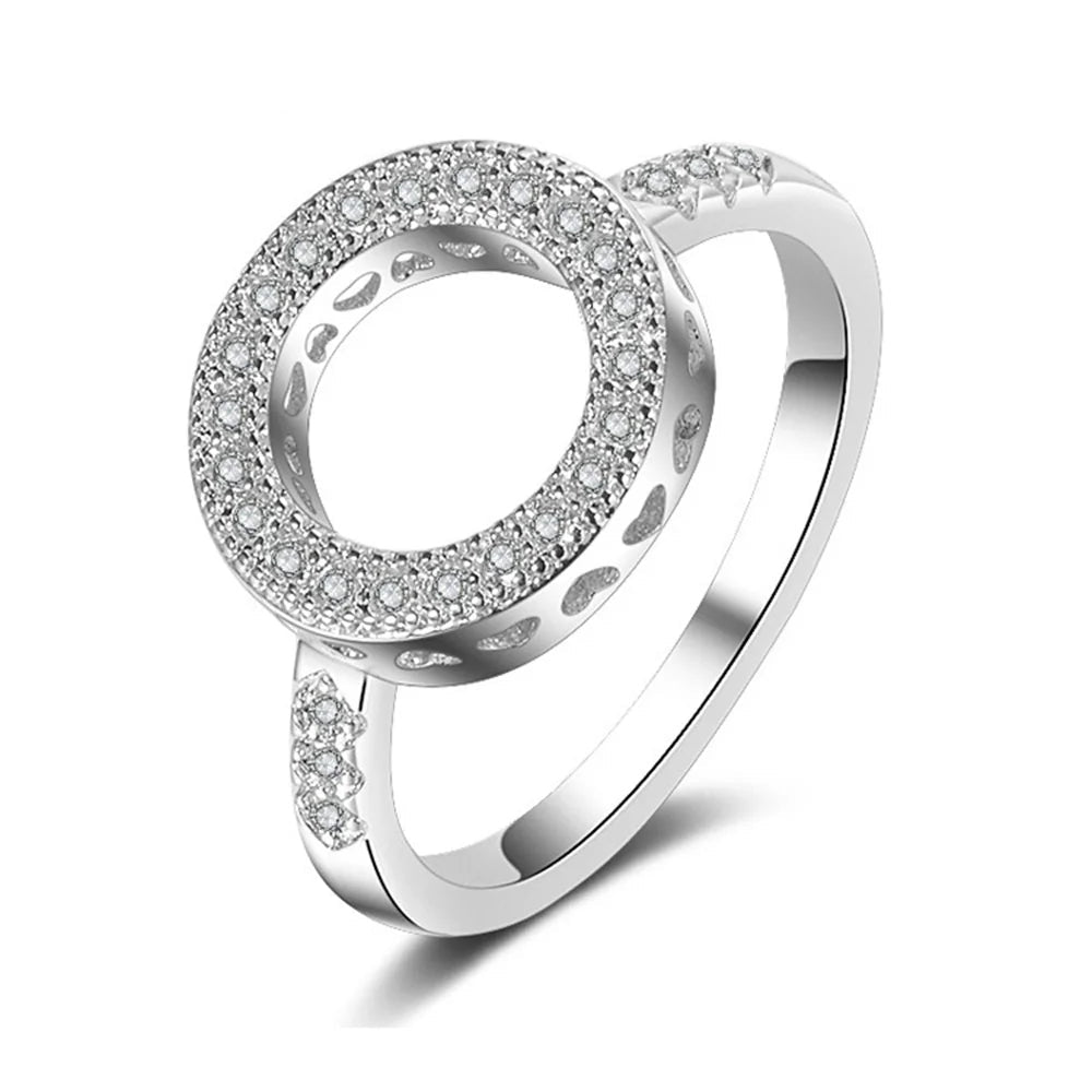  Hollow Round 925 Silver Rhinestone Ring for Women