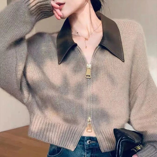 Polo Collar PU Spliced Knit Cardigan for Women