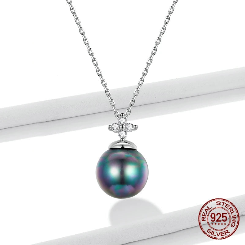 JEW007AX    925 Sterling Silver Elegant Black Pearl Earrings Necklace Shell Pearl Necklace Chain for Women Fine Jewelry Set - Klixstore