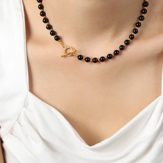Vintage Black Agate Beaded Necklace for Women