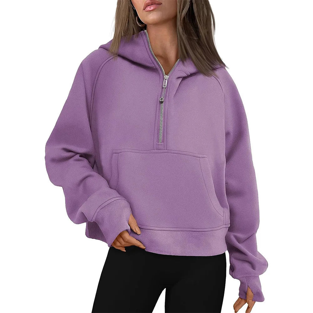 Cropped Half Zip Fleece Hoodie for Women
