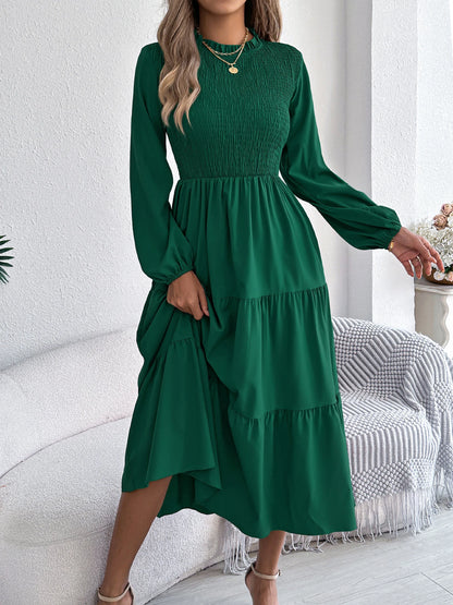 Smocked Tiered Ruffle Midi Dress – Long Sleeve | Burgundy, Dark Green, Khaki