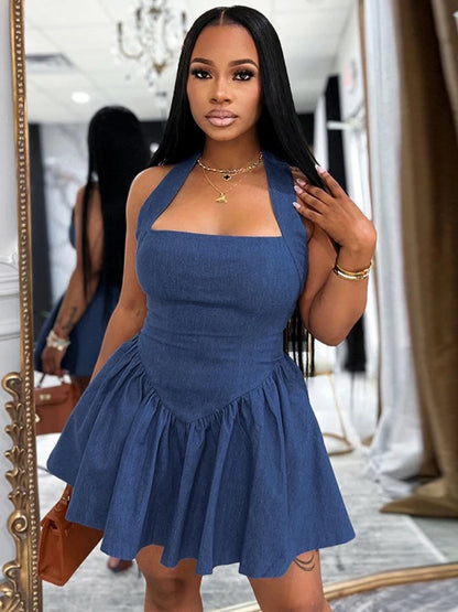 CLO068DJ
Woman Clothing Solid Blue Denim Short Holiday  Halter Neck Backless Tunics - Klixstore