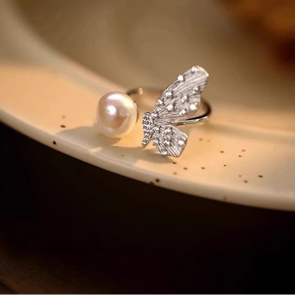 Vintage 925 Sterling Silver Butterfly Pearl Adjustable Ring for Women