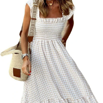 Elegant Plaid Ruffle Slip Maxi Dress