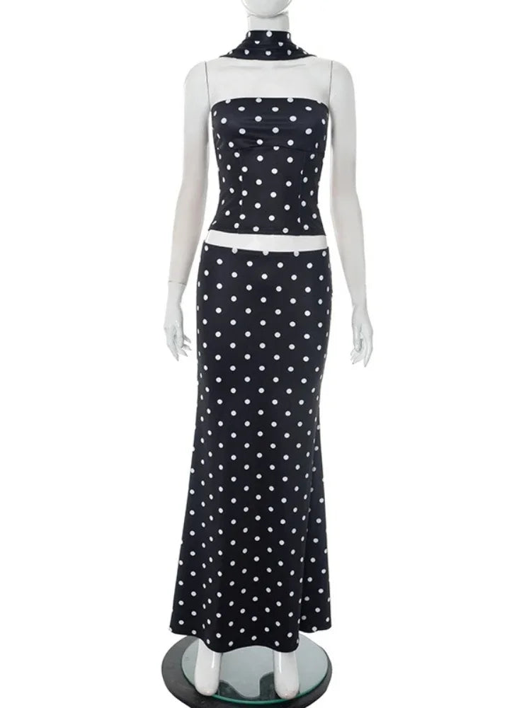 CLO003DJ
Woman Clothing Polka Dot Print Black Dress Sets  Summer Sexy Crop Tops and Long Skirts Suit 2 Pieces Holiday Party Outfit - Klixstore