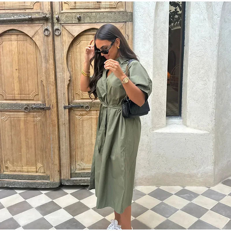 Lace Up Short Sleeve Shirt Dress