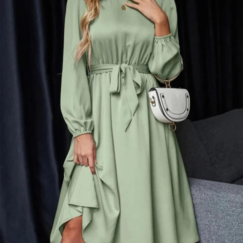 Lantern Sleeve Keyhole Back Lace-Up Dress