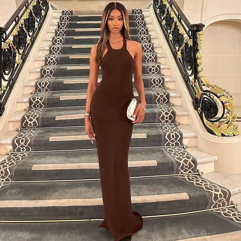 CLO012DJ
 Elegant Halter Neck Backless Ruched Long Dress Women's Summer Sleeveless Bandage Bodycon Party Club Dresses Prom Evening Gowns - Klixstore