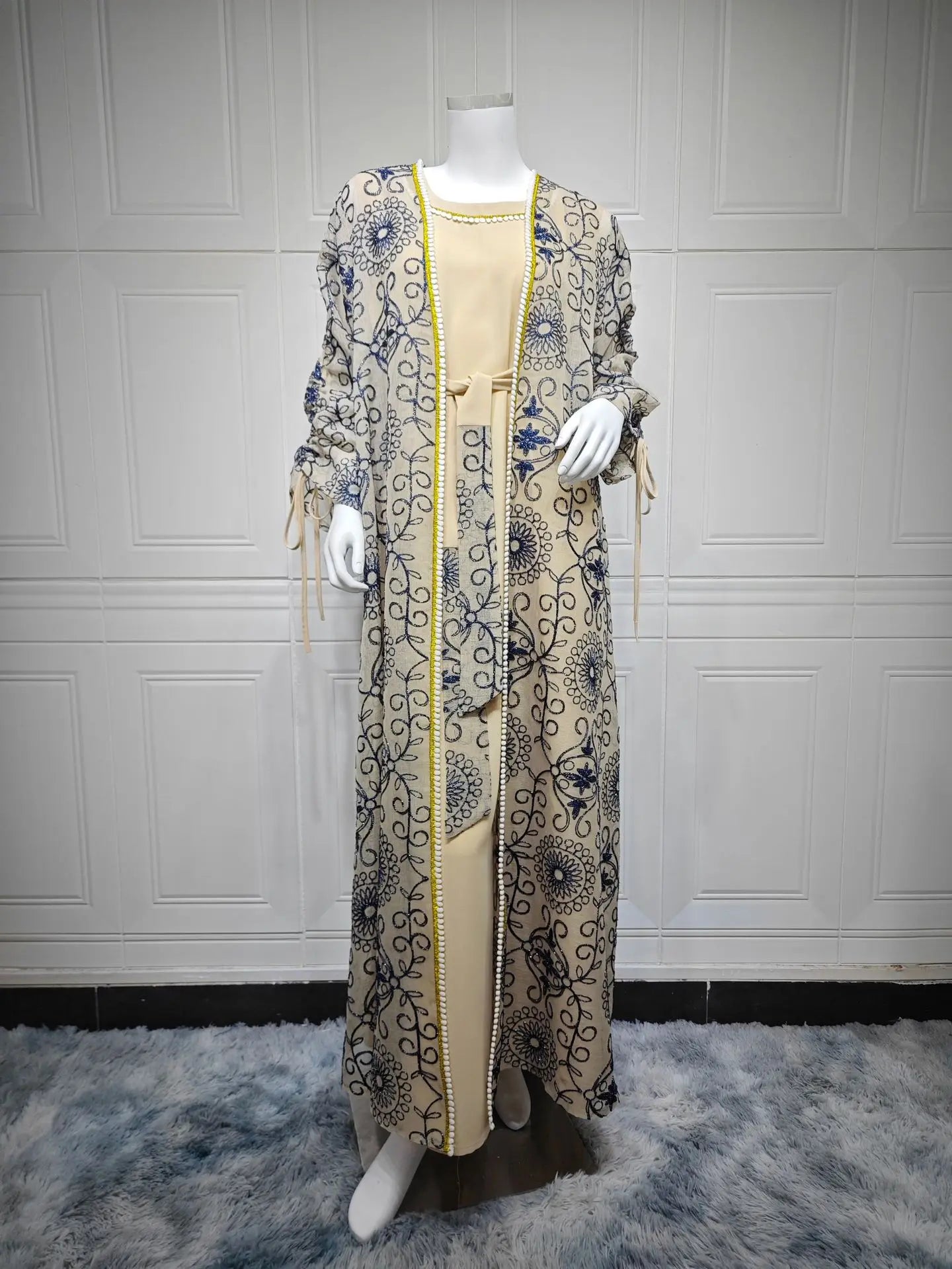 Embroidered Muslim Abaya 2-Piece Set | Kaftan Cardigan & Lace-Up Dress