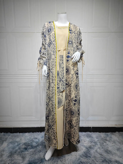 Embroidered Muslim Abaya 2-Piece Set | Kaftan Cardigan & Lace-Up Dress