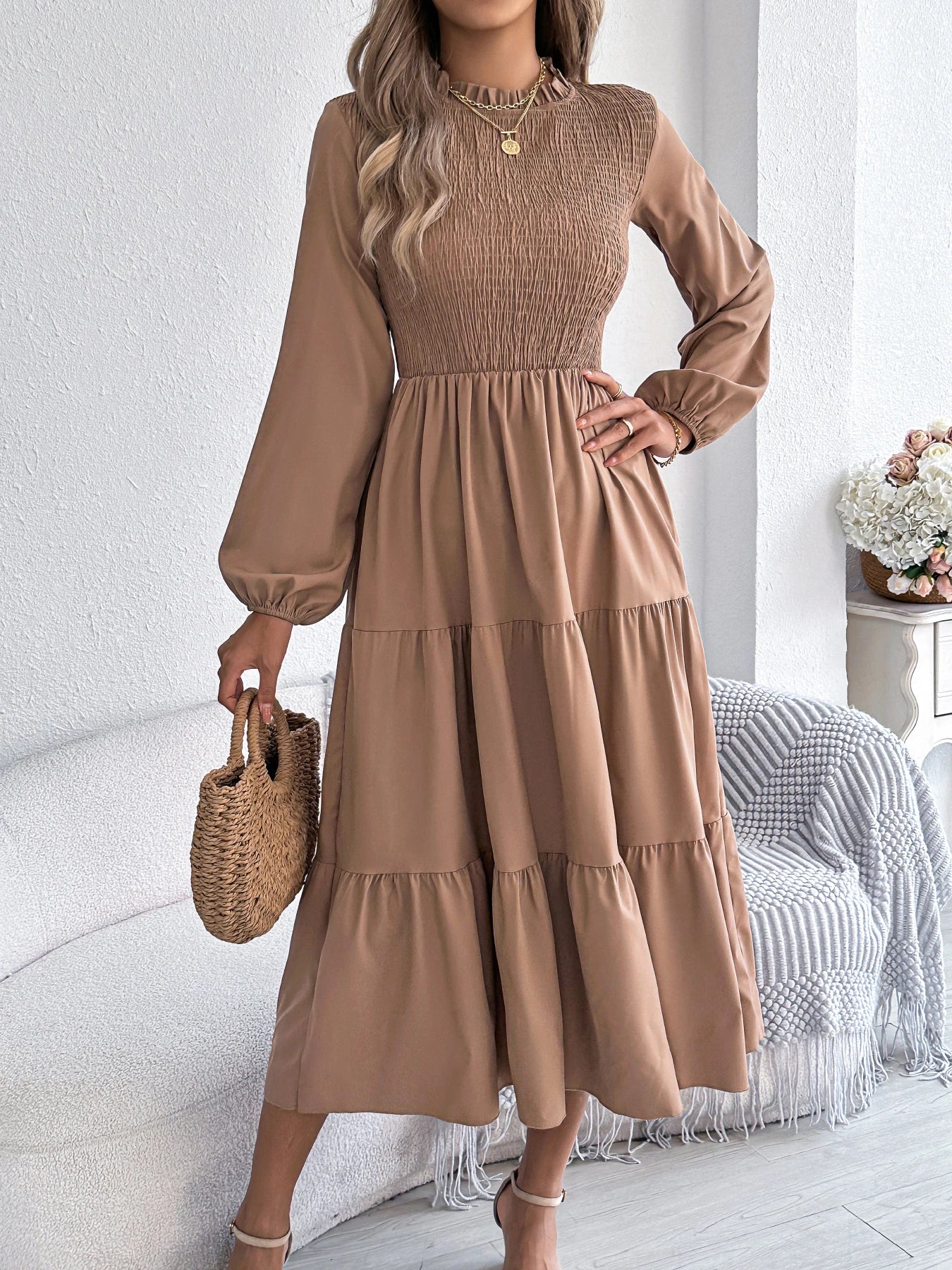 Smocked Tiered Ruffle Midi Dress – Long Sleeve | Burgundy, Dark Green, Khaki