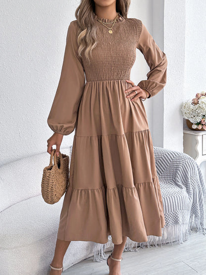 Smocked Tiered Ruffle Midi Dress – Long Sleeve | Burgundy, Dark Green, Khaki