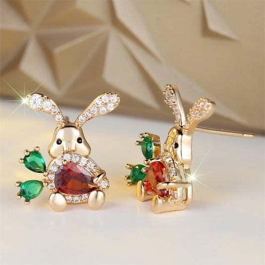Rabbit Carrot Crystal Stud Earrings