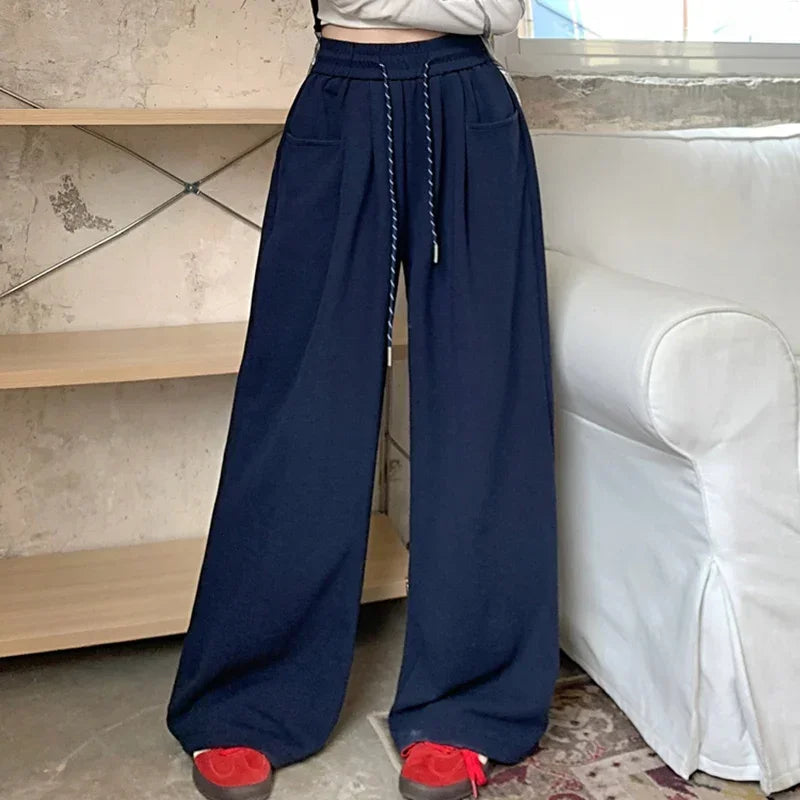Gray Navy Blue Loose High Waisted Pants