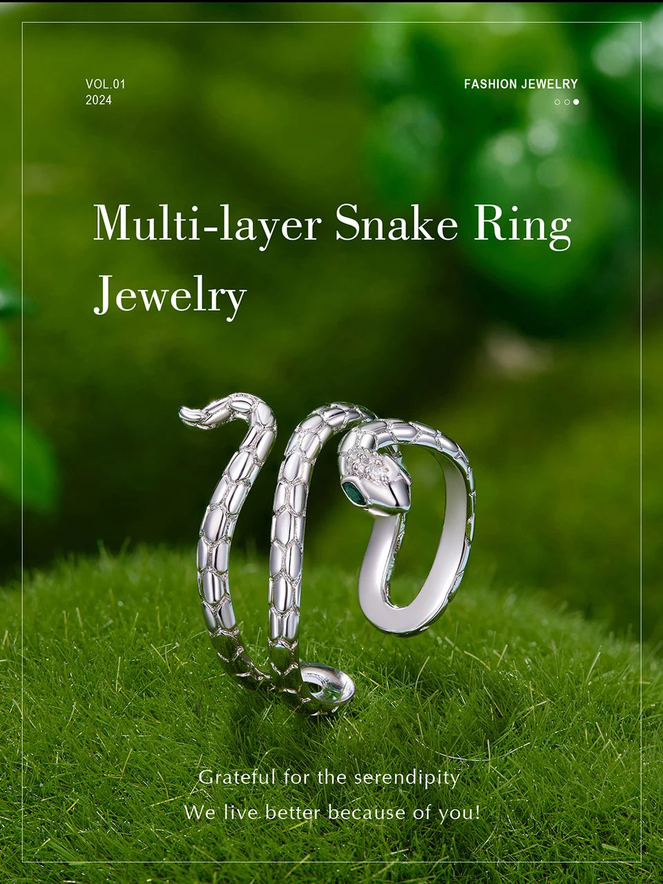 JEW019R White Gold Plated Snake Ring with Emerald CZ Eye, Adjustable - Klixstore